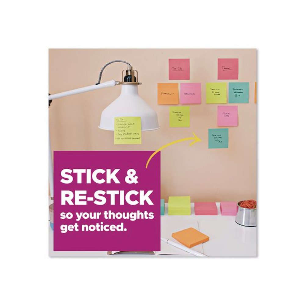 Super Sticky Notes, 3" x 3", Randomly Assorted Energy Boost and Playful Primaries Colors, 45 Sheets/Pad, 15 Pads/Pack. Picture 4