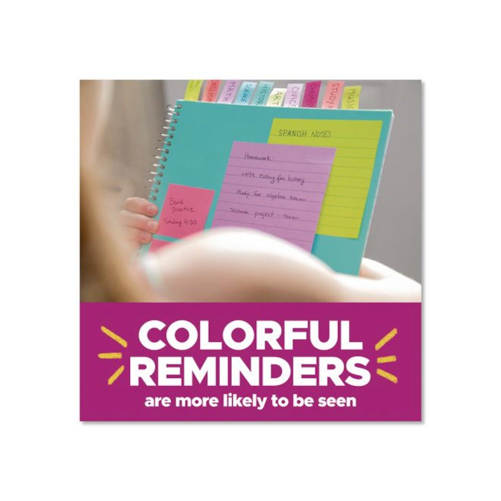 Super Sticky Notes, 3" x 3", Randomly Assorted Energy Boost and Playful Primaries Colors, 45 Sheets/Pad, 15 Pads/Pack. Picture 6