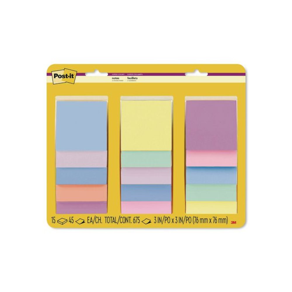 Super Sticky Notes, 3" x 3", Randomly Assorted Energy Boost and Playful Primaries Colors, 45 Sheets/Pad, 15 Pads/Pack. Picture 1