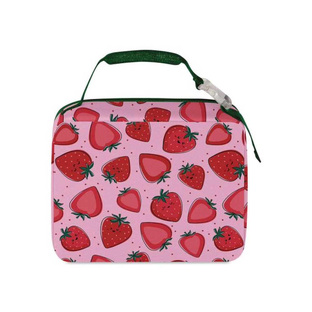 Kids Strawberry Smiles Insulated Lunch Bag, 9.5 x 3.75 x 7.5, Red Strawberry Print. Picture 2
