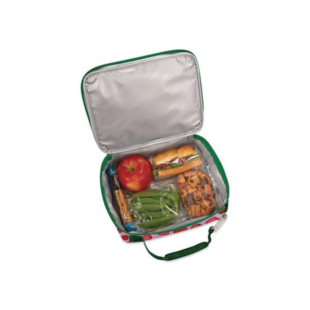 Kids Strawberry Smiles Insulated Lunch Bag, 9.5 x 3.75 x 7.5, Red Strawberry Print. Picture 6