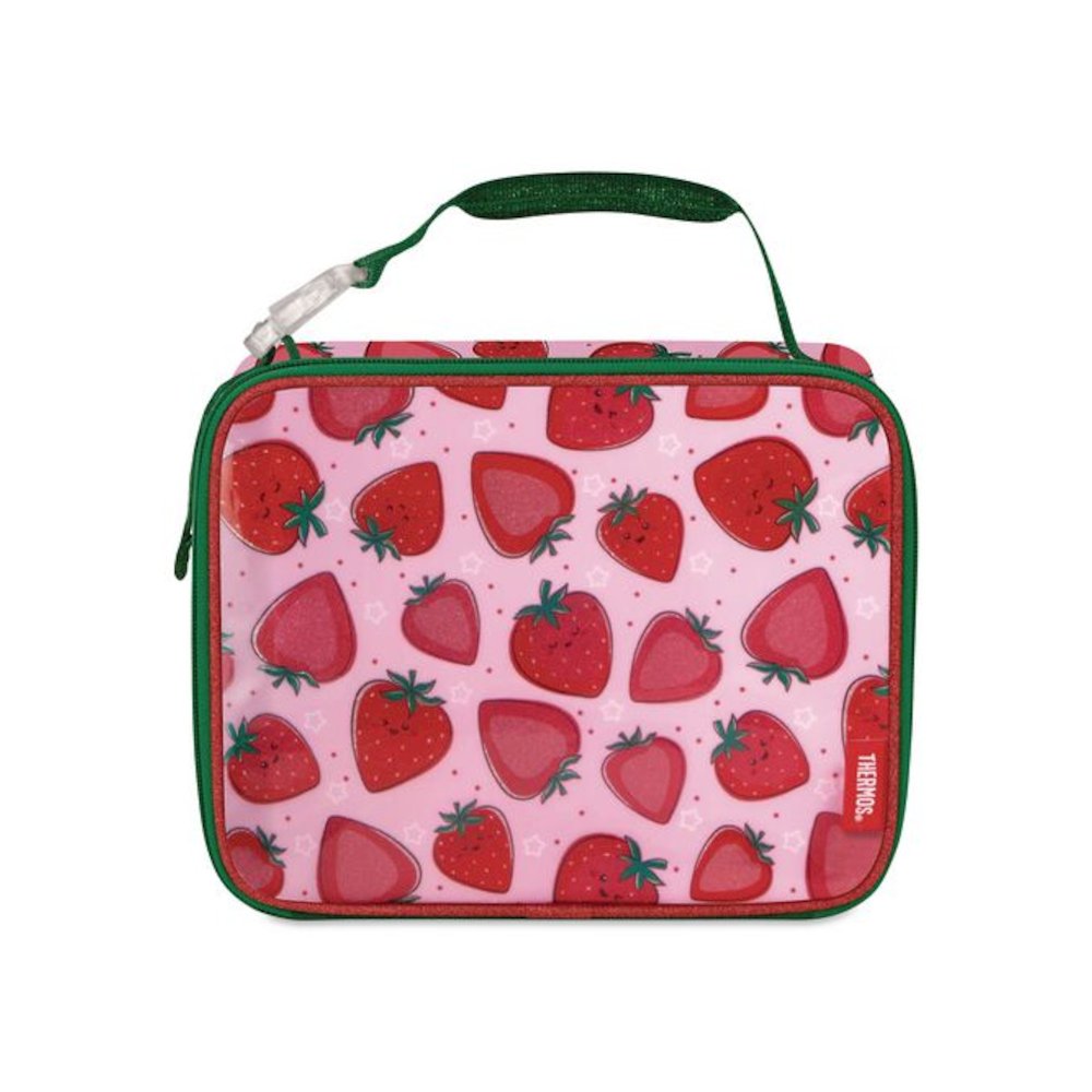 Kids Strawberry Smiles Insulated Lunch Bag, 9.5 x 3.75 x 7.5, Red Strawberry Print. Picture 1
