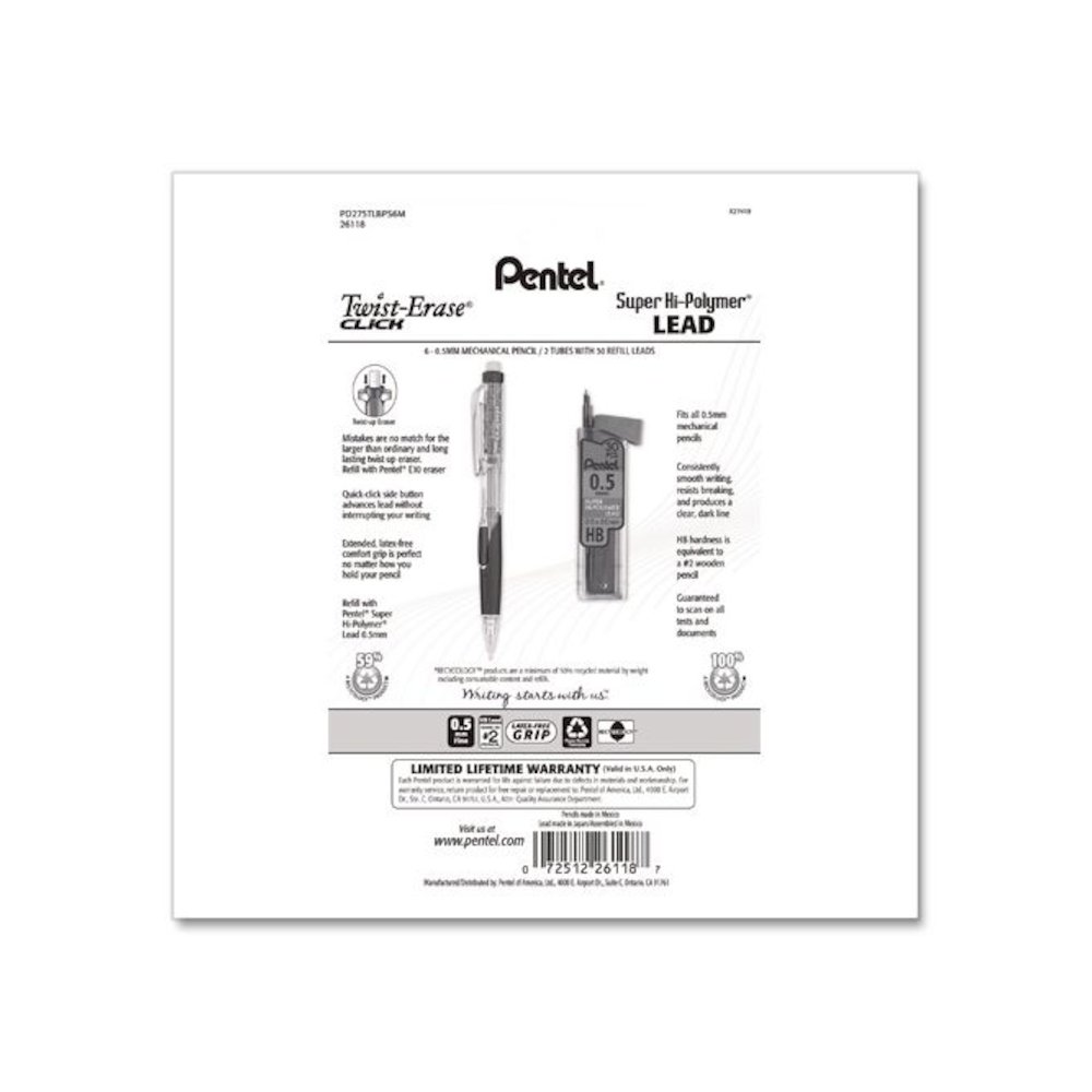 Twist-Erase CLICK Mechanical Pencil, 0.5 mm, HB (#2), Assorted Barrel Colors, 6/Pack. Picture 2
