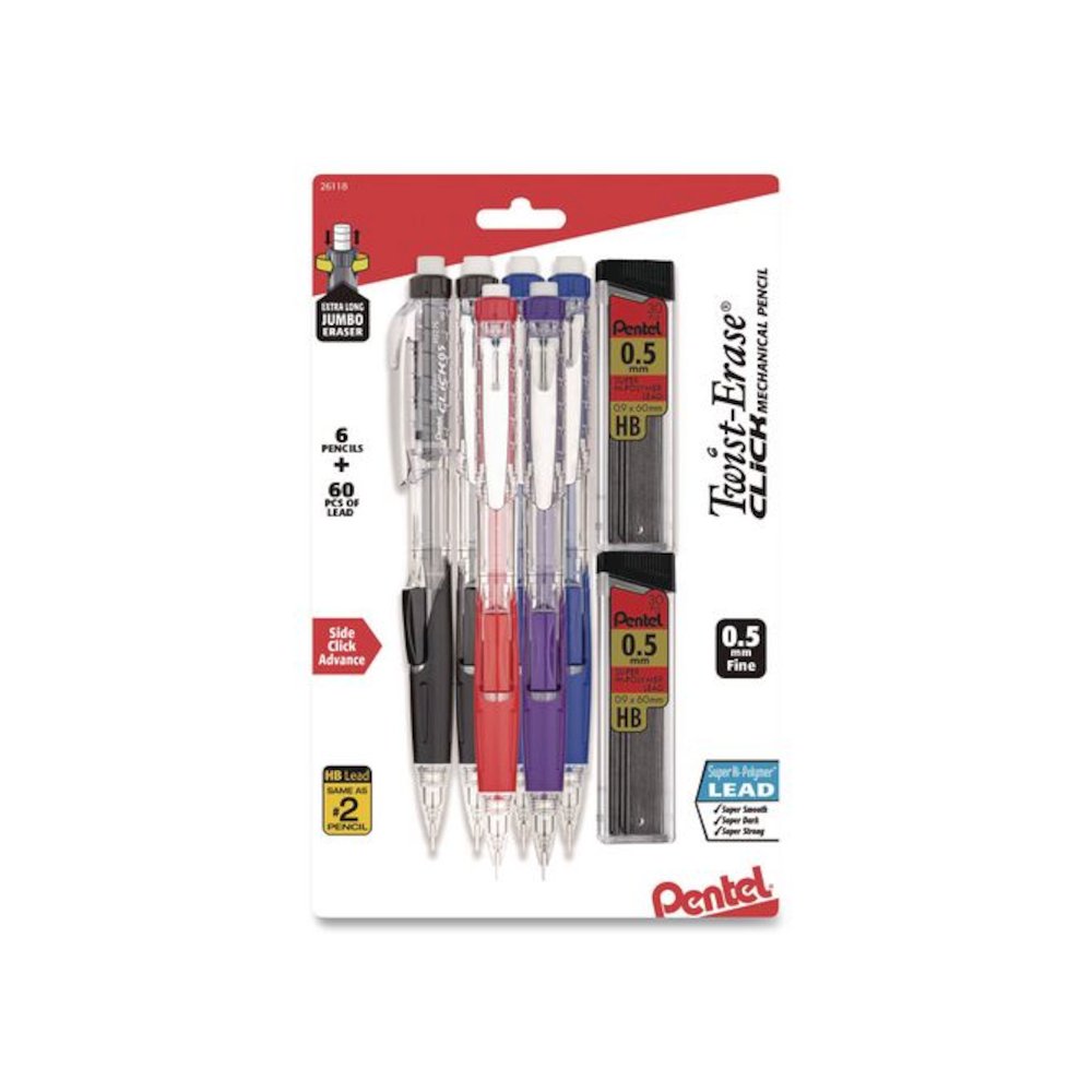 Twist-Erase CLICK Mechanical Pencil, 0.5 mm, HB (#2), Assorted Barrel Colors, 6/Pack. Picture 1