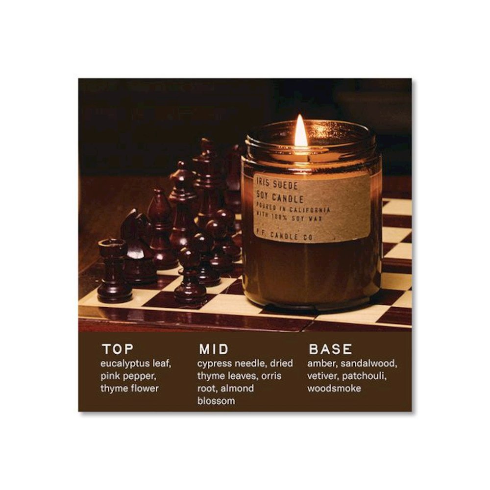 Soy Jar Candle, Iris Suede, 50 Hour Burn Time, 7.2 oz, Amber. Picture 3
