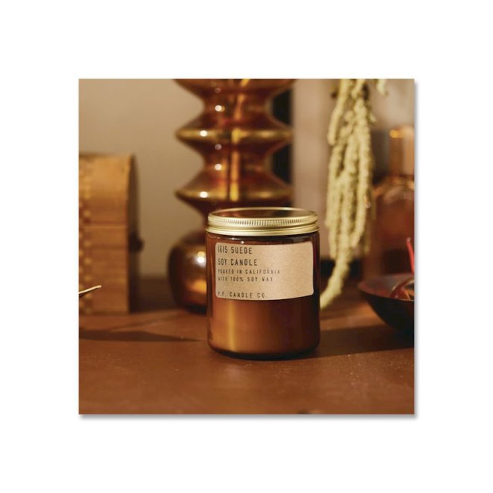 Soy Jar Candle, Iris Suede, 50 Hour Burn Time, 7.2 oz, Amber. Picture 4