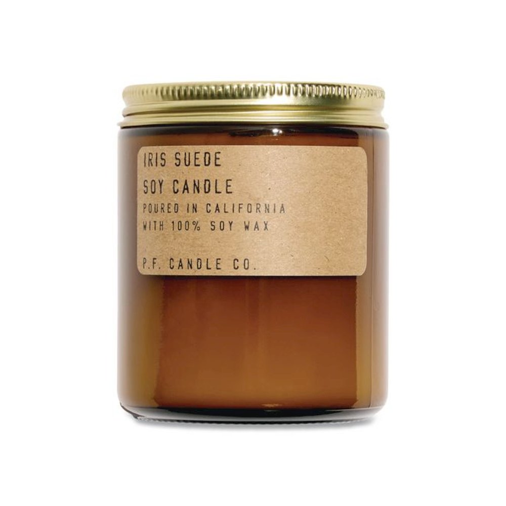 Soy Jar Candle, Iris Suede, 50 Hour Burn Time, 7.2 oz, Amber. Picture 1