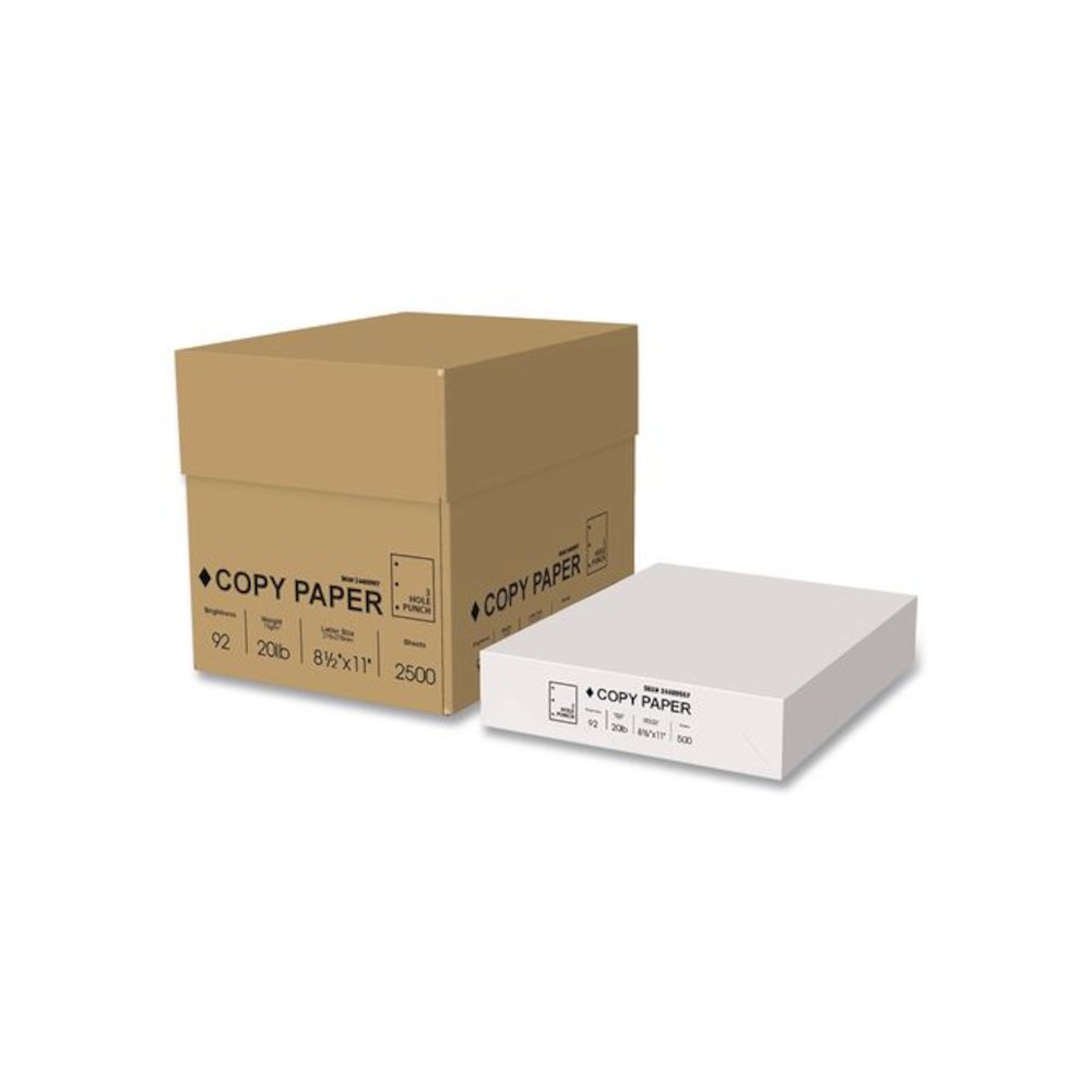 Copy Paper, 92 Bright, 3-Hole Punch, 20 lb Bond Weight, 8.5 x 11, White, 500 Sheets/Ream, 5 Reams/Carton. Picture 1