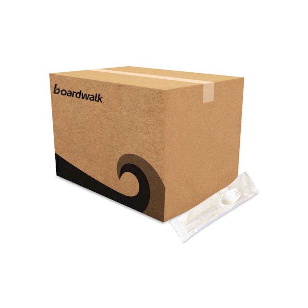 School Cutlery Kit, Mediumweight, Napkin/Spork/Straw, 5.31", Plastic, White, 1,000/Carton. Picture 1