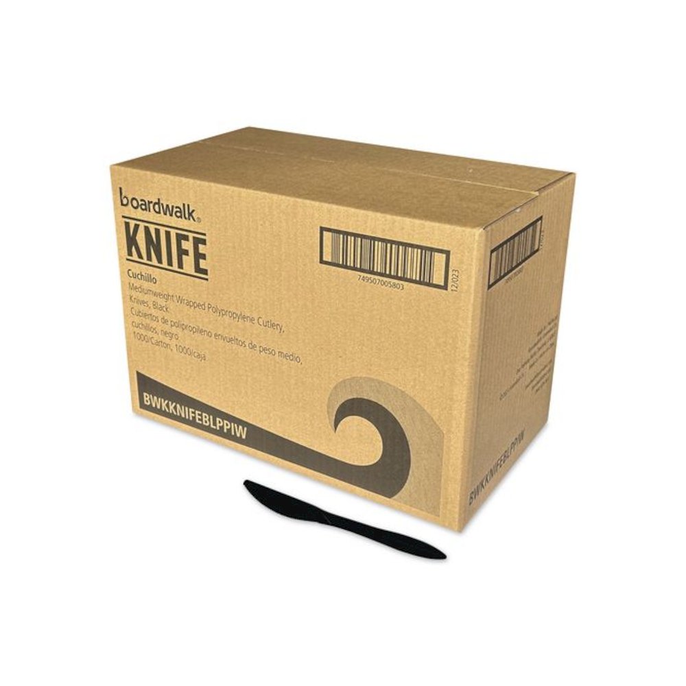 Mediumweight Wrapped Polypropylene Cutlery, Knife, Plastic, Black, 1,000/Carton. Picture 1
