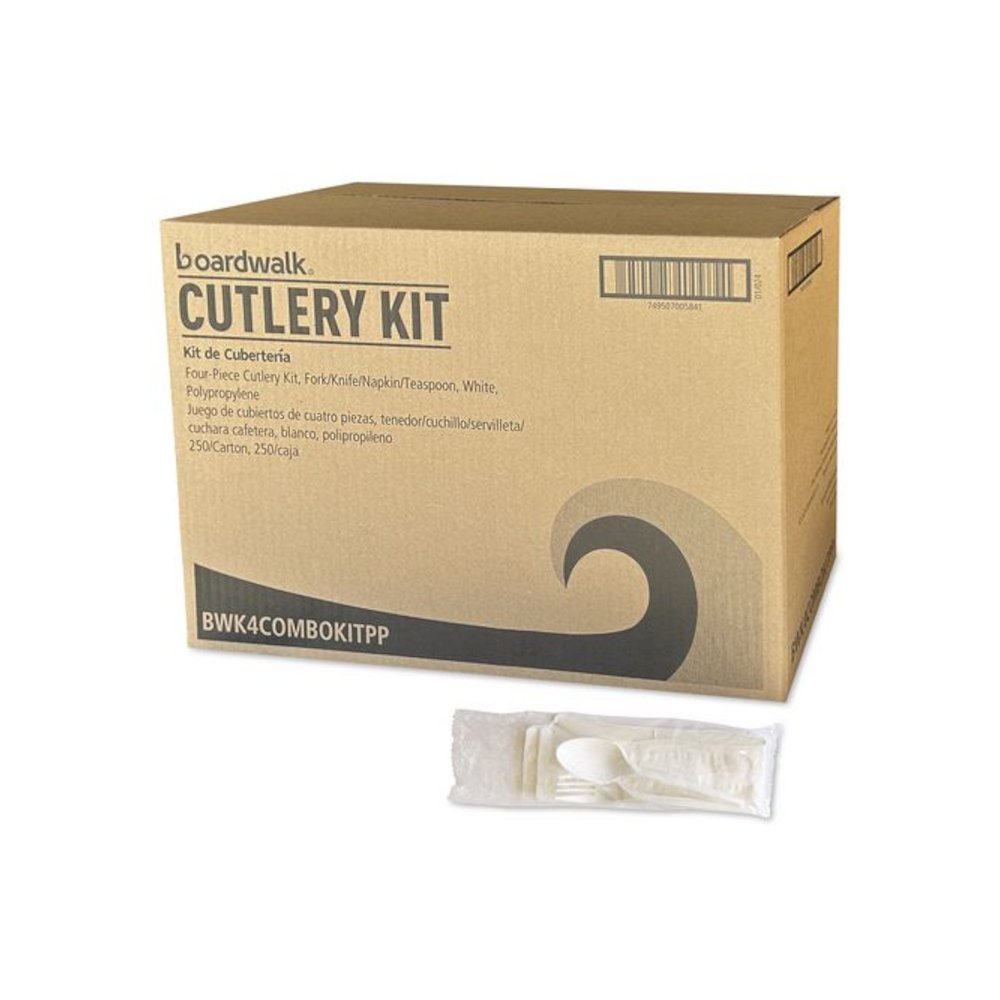 Four-Piece Polypropylene Cutlery Kit, Mediumweight, Fork/Knife/Napkin/Spoon, Plastic, White, 250/Carton. Picture 1