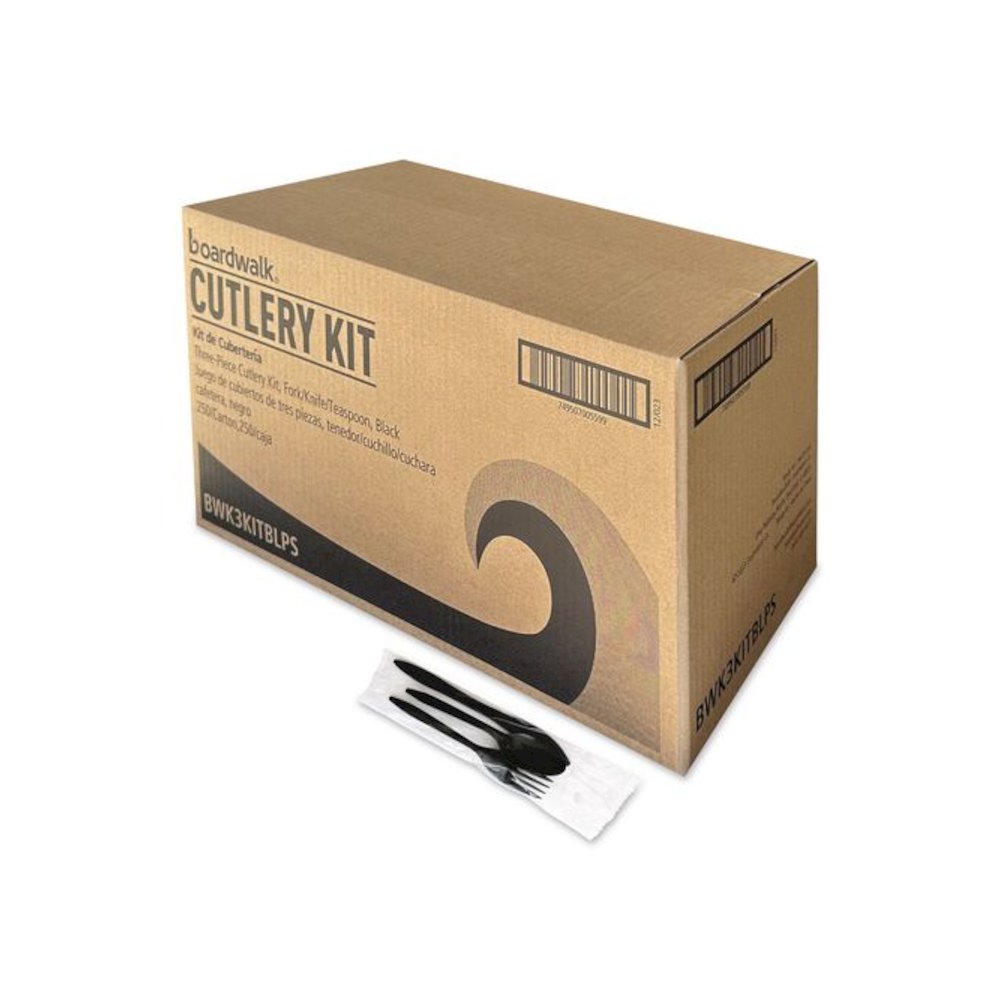 Three-Piece Polystyrene Cutlery Kit, Mediumweight, Fork/Knife/Spoon, Plastic, Black, 250/Carton. Picture 1