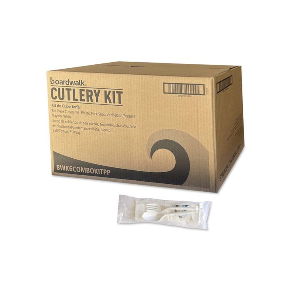 Six-Piece Cutlery Kit, Mediumweight, Fork/Knife/Napkin/Pepper/Salt/Spoon, 5.86", Plastic, White, 250/Carton. Picture 1