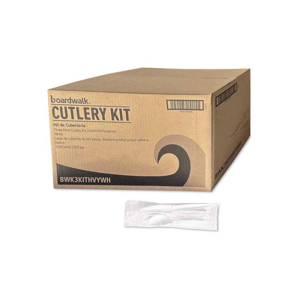 Three-Piece Polystyrene Cutlery Kit, Heavyweight, Fork/Knife/Spoon, Plastic, White, 250/Carton. Picture 1