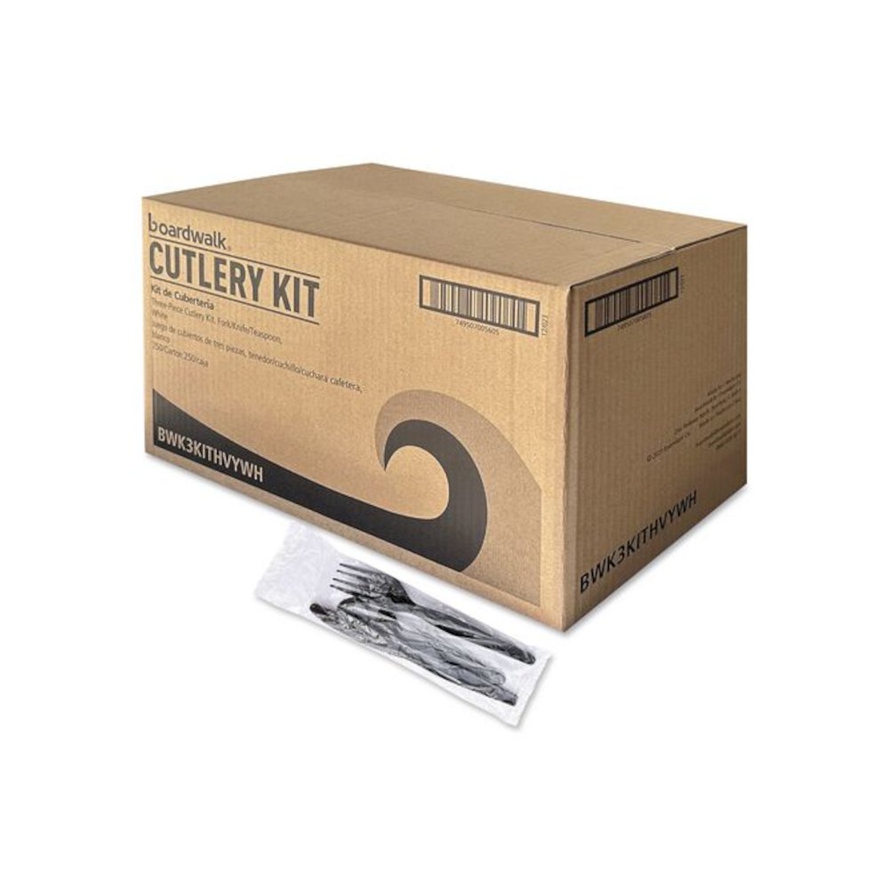 Three-Piece Polystyrene Cutlery Kit, Heavyweight, Fork/Knife/Spoon, Plastic, Black, 250/Carton. Picture 1