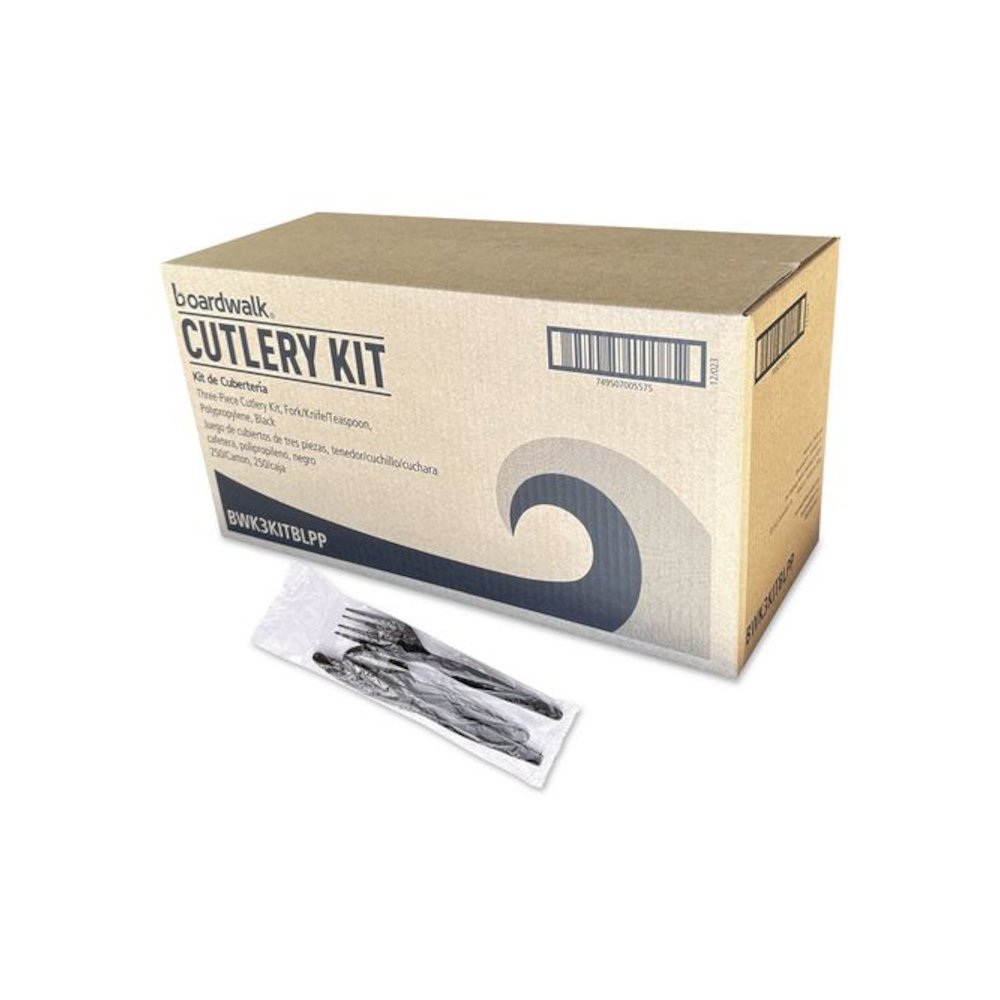 Three-Piece Polypropylene Cutlery Kit, Mediumweight, Fork/Knife/Spoon, Plastic, Black, 250/Carton. Picture 1