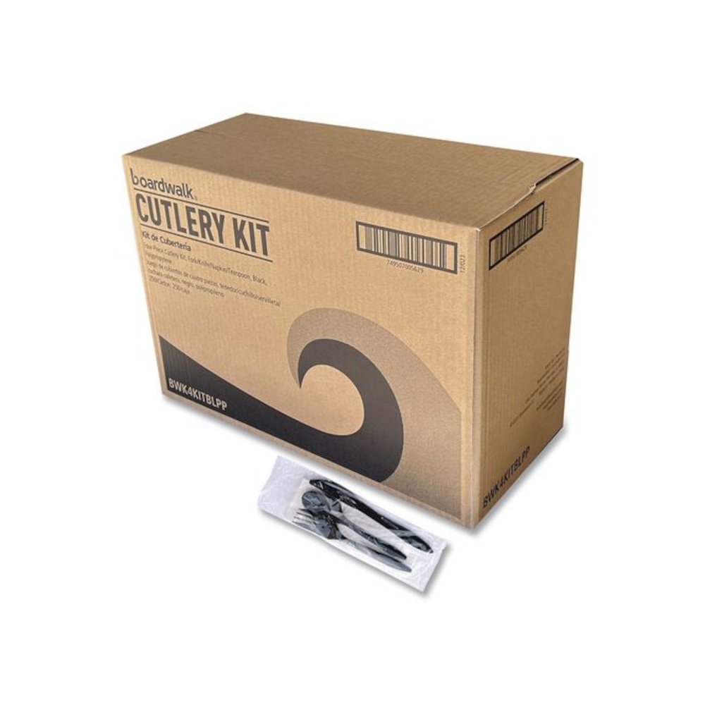 Four-Piece Cutlery Kit, Mediumweight, Fork/Knife/Napkin/Spoon, Plastic, 6.38", Black, 250/Carton. Picture 1