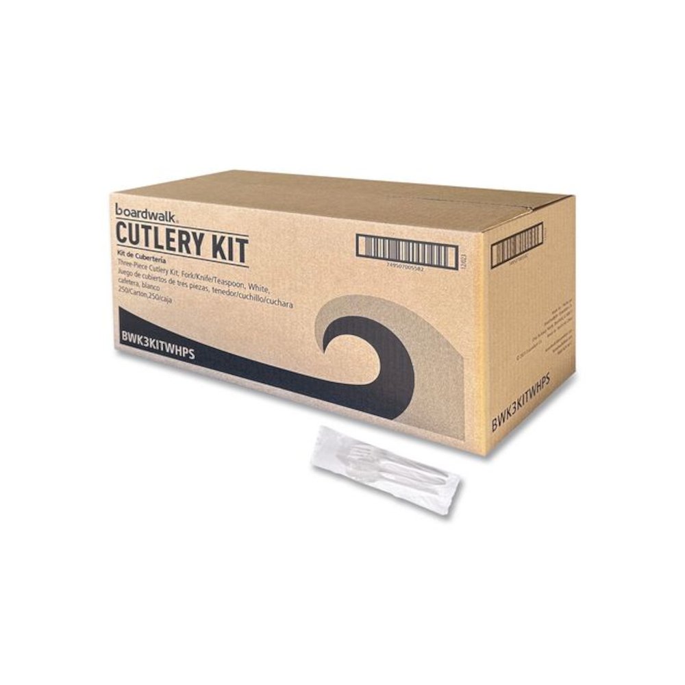 Three-Piece Polystyrene Cutlery Kit, Mediumweight, Fork/Knife/Spoon, Plastic, White, 250/Carton. Picture 1