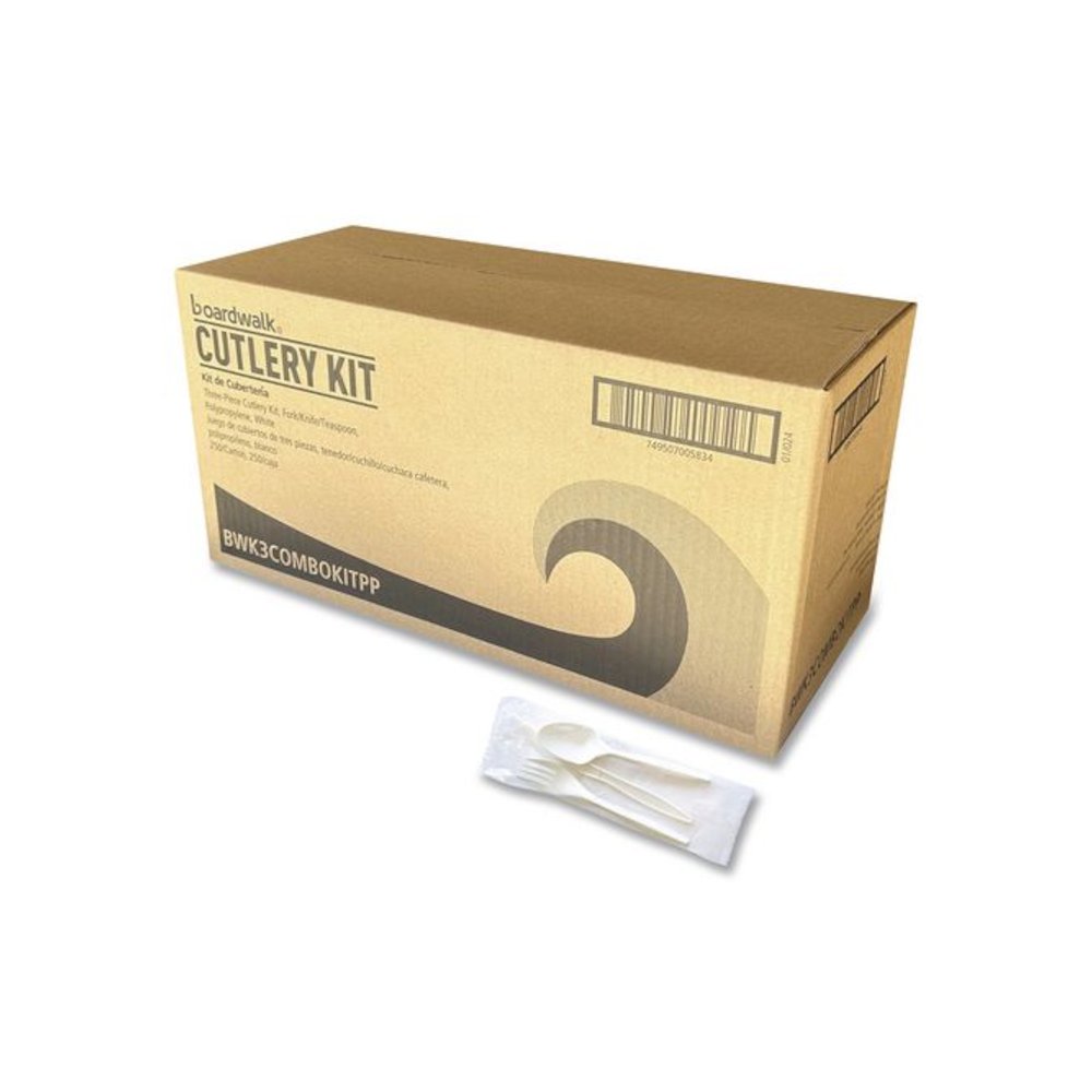 Three-Piece Cutlery Kit, Mediumweight, Fork/Knife/Spoon, 6.97", Plastic, White, 250/Carton. Picture 1