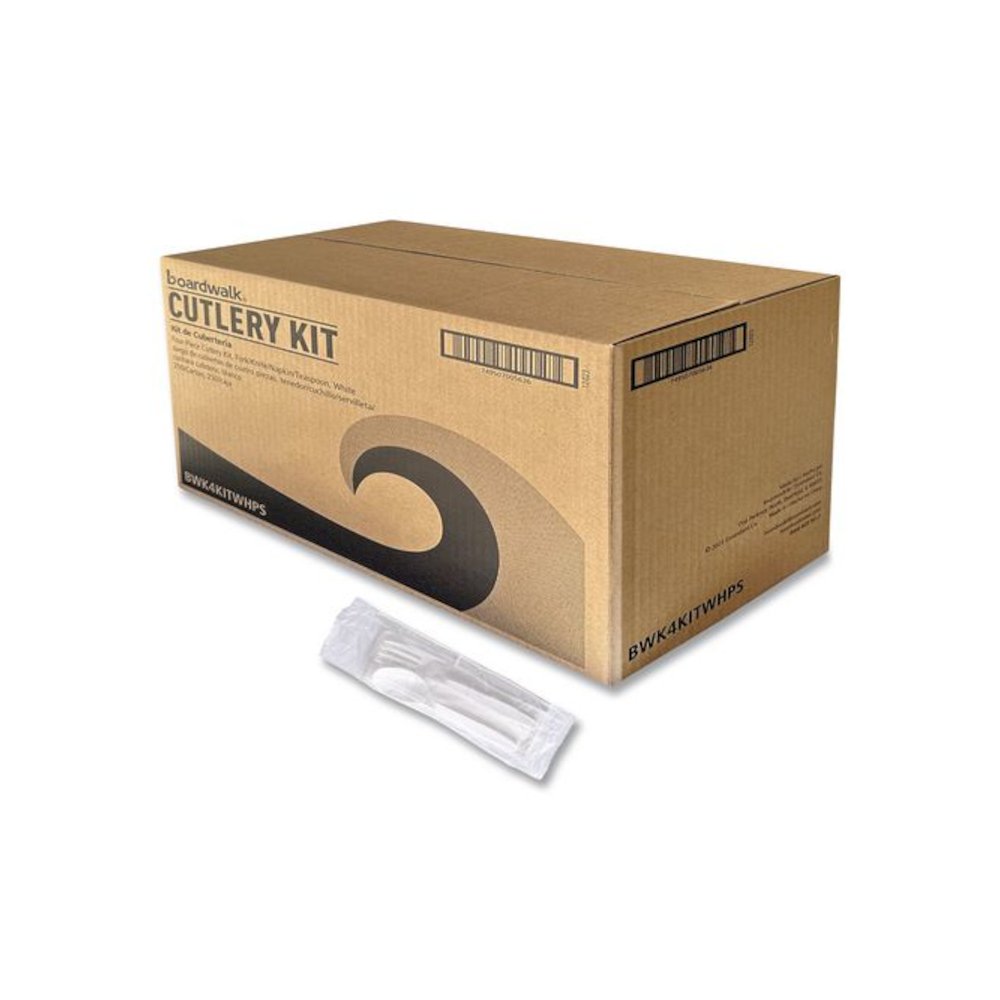 Four-Piece Polystyrene Cutlery Kit, Mediumweight, Fork/Knife/Napkin/Spoon, Plastic, White, 250/Carton. Picture 1