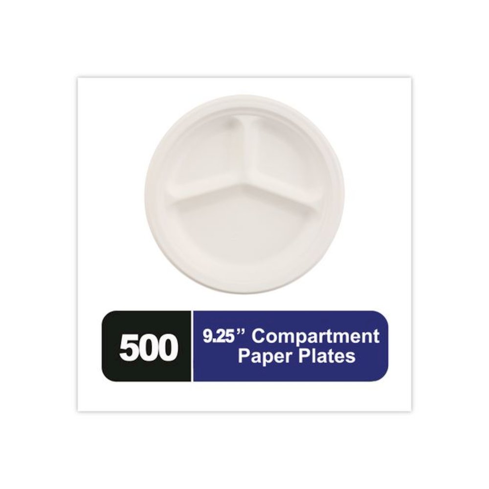 Paper Dinnerware, 3-Compartment Plate, 9.25" dia, White, 500/Carton. Picture 3