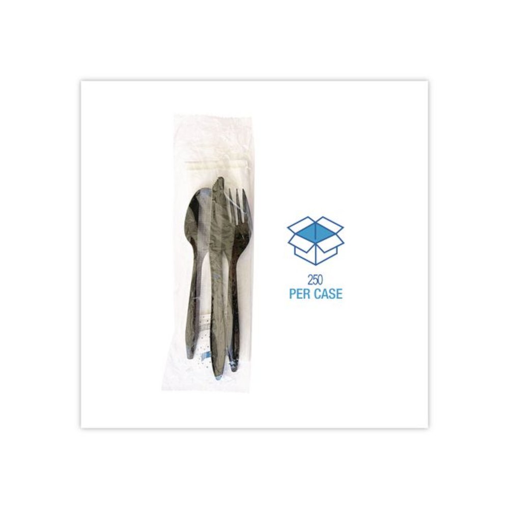 Six-Piece Cutlery Kit, Mediumweight, Fork/Knife/Napkin/Pepper/Salt/Spoon, 5.86", Plastic, Black, 250/Carton. Picture 3