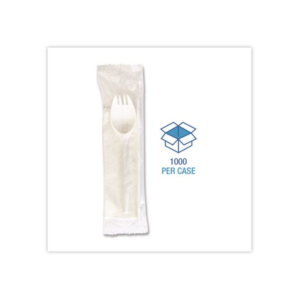 School Cutlery Kit, Mediumweight, Napkin/Spork/Straw, 5.31", Plastic, White, 1,000/Carton. Picture 3