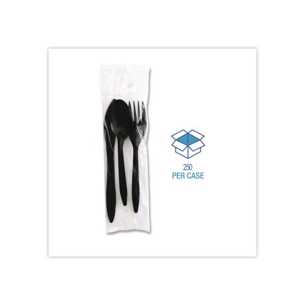 Three-Piece Polystyrene Cutlery Kit, Mediumweight, Fork/Knife/Spoon, Plastic, Black, 250/Carton. Picture 3