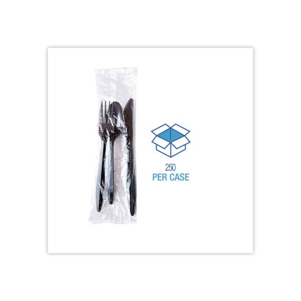 Three-Piece Polypropylene Cutlery Kit, Mediumweight, Fork/Knife/Spoon, Plastic, Black, 250/Carton. Picture 3
