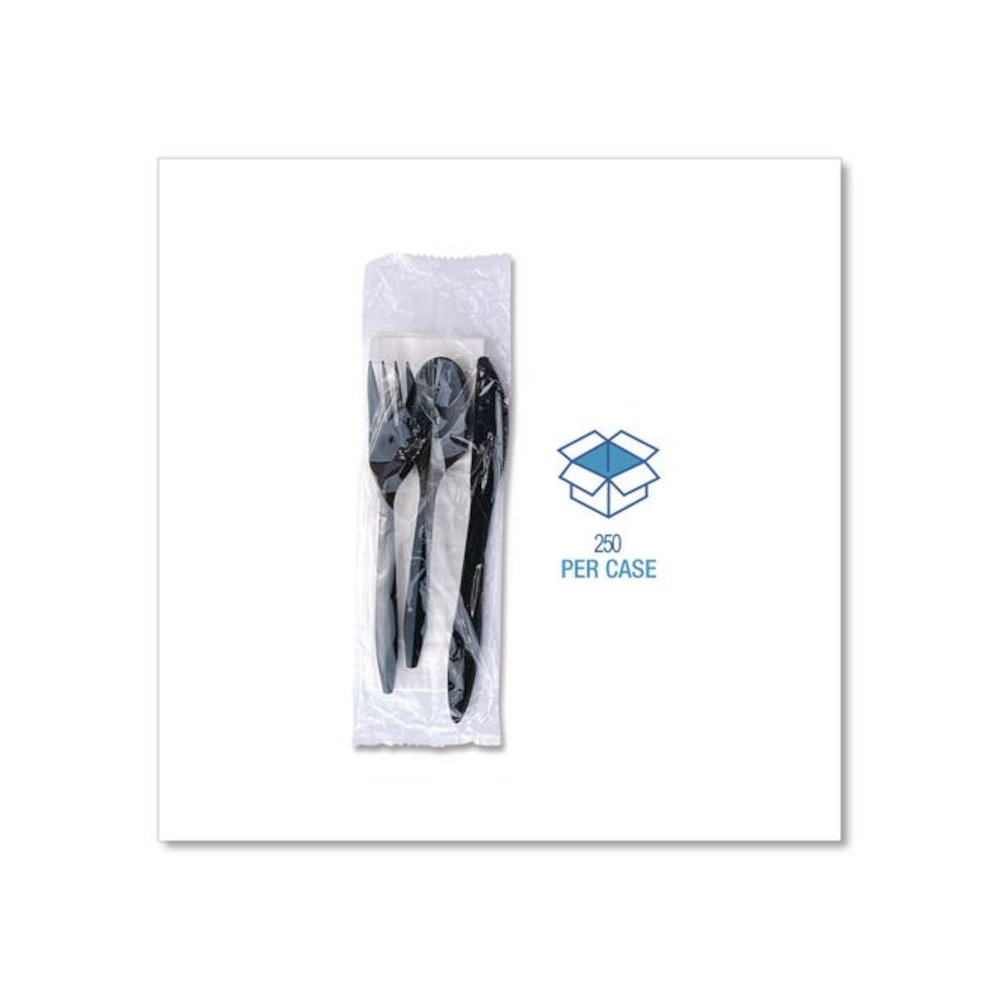 Four-Piece Cutlery Kit, Mediumweight, Fork/Knife/Napkin/Spoon, Plastic, 6.38", Black, 250/Carton. Picture 3