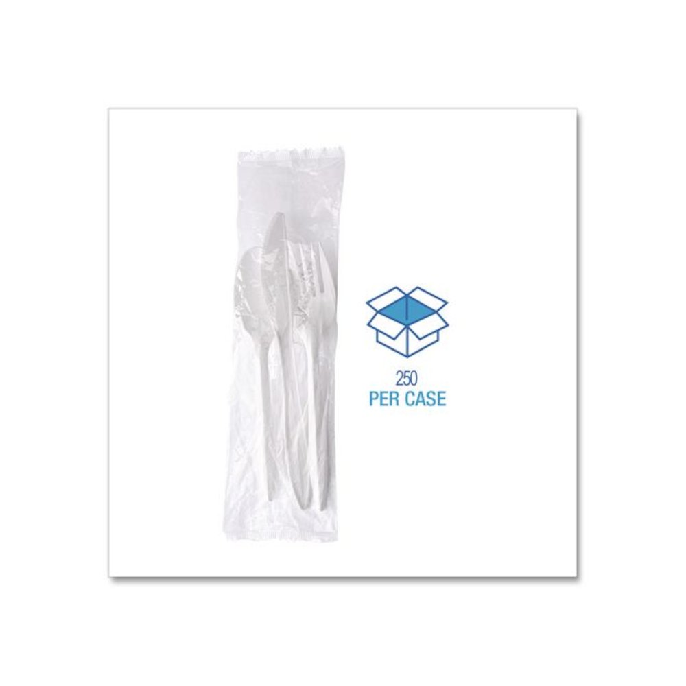 Three-Piece Polystyrene Cutlery Kit, Mediumweight, Fork/Knife/Spoon, Plastic, White, 250/Carton. Picture 3