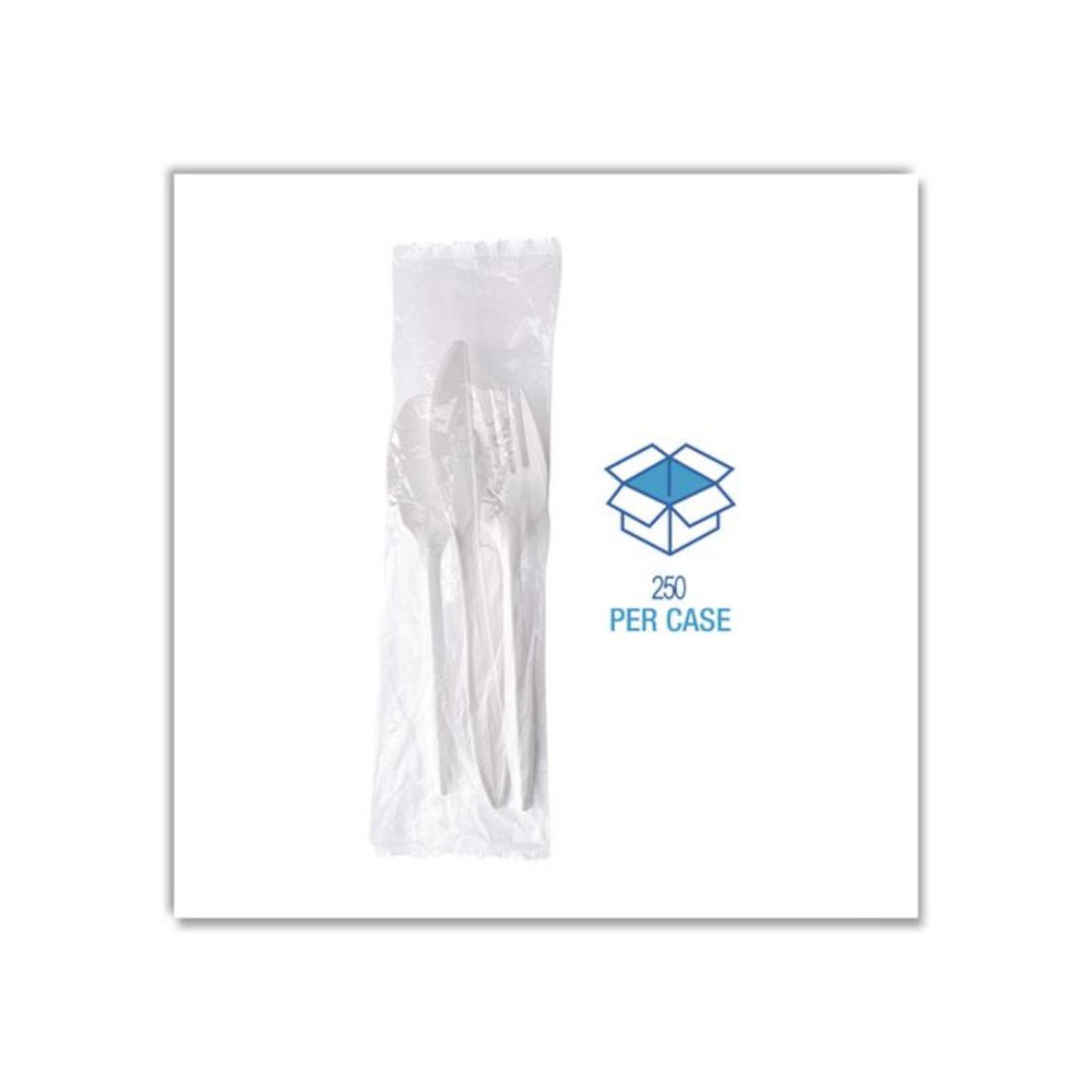 Three-Piece Cutlery Kit, Mediumweight, Fork/Knife/Spoon, 6.97", Plastic, White, 250/Carton. Picture 3