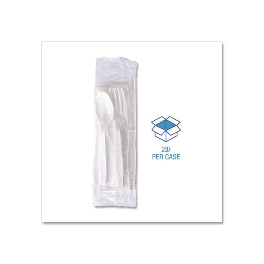 Four-Piece Polystyrene Cutlery Kit, Mediumweight, Fork/Knife/Napkin/Spoon, Plastic, White, 250/Carton. Picture 3