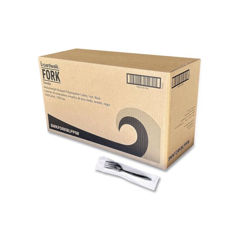 Mediumweight Wrapped Polypropylene Cutlery, Fork, Plastic, Black, 1,000/Carton. Picture 1