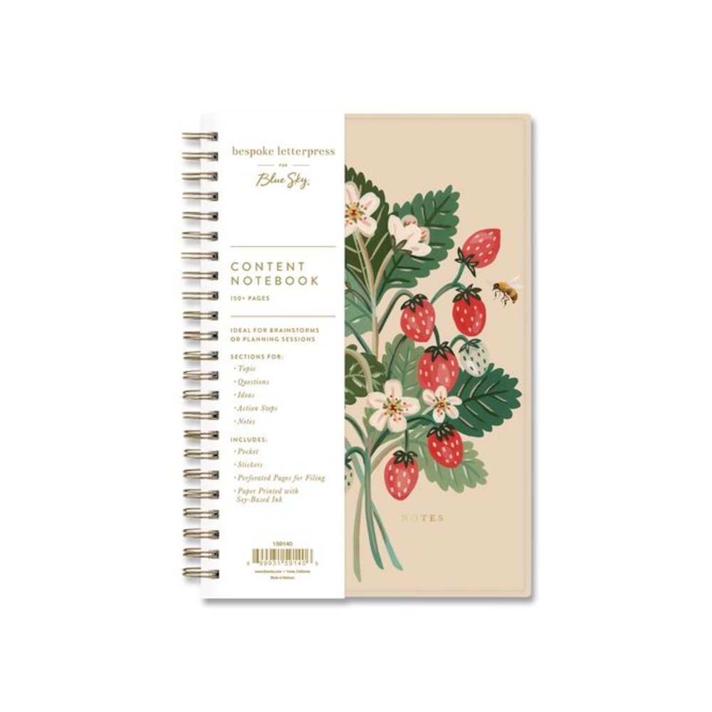 Blue Sky Bespoke Letterpress Content Notebook, Strawberry and Bee Cover, (150) 8 x 5 Sheets. Picture 2