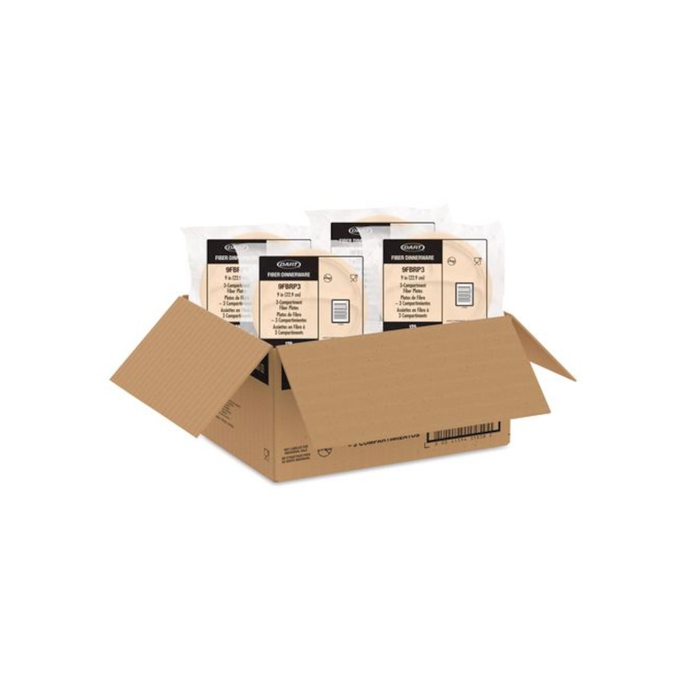 Compostable Molded Fiber Dinnerware, ProPlanet Seal, 3-Compartment Plate, 9" dia, Natural, 500/Carton. Picture 1