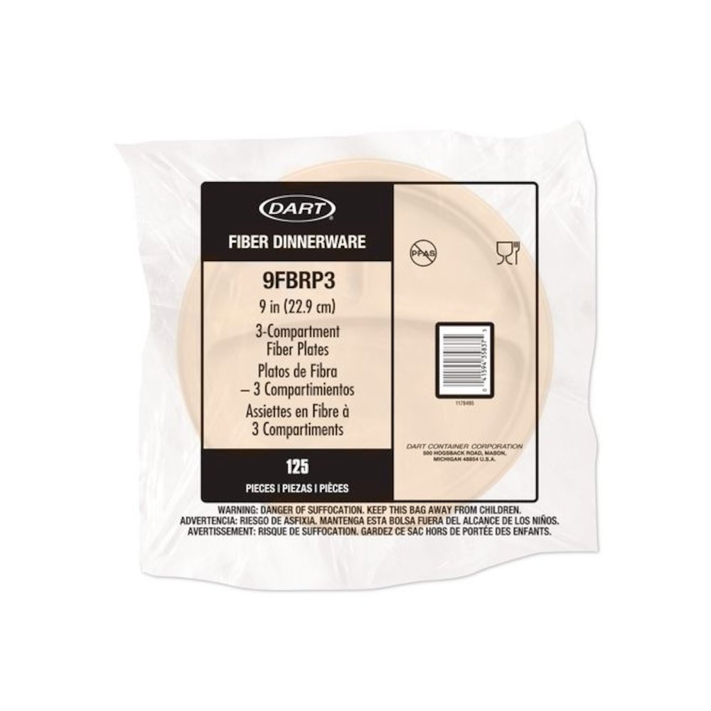 Compostable Molded Fiber Dinnerware, ProPlanet Seal, 3-Compartment Plate, 9" dia, Natural, 500/Carton. Picture 5