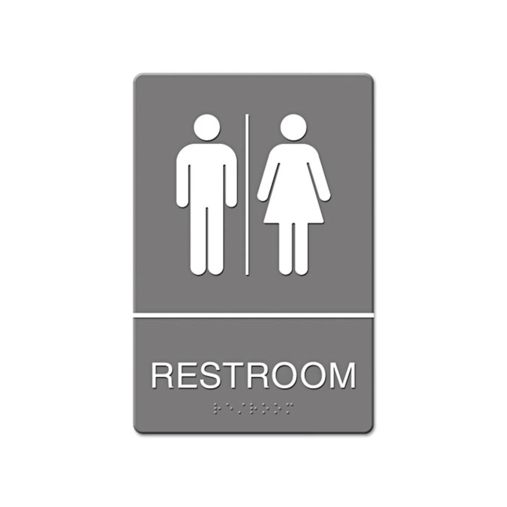 ADA Sign, Restroom Symbol Tactile Graphic, Molded Plastic, 6 x 9, Gray. Picture 1