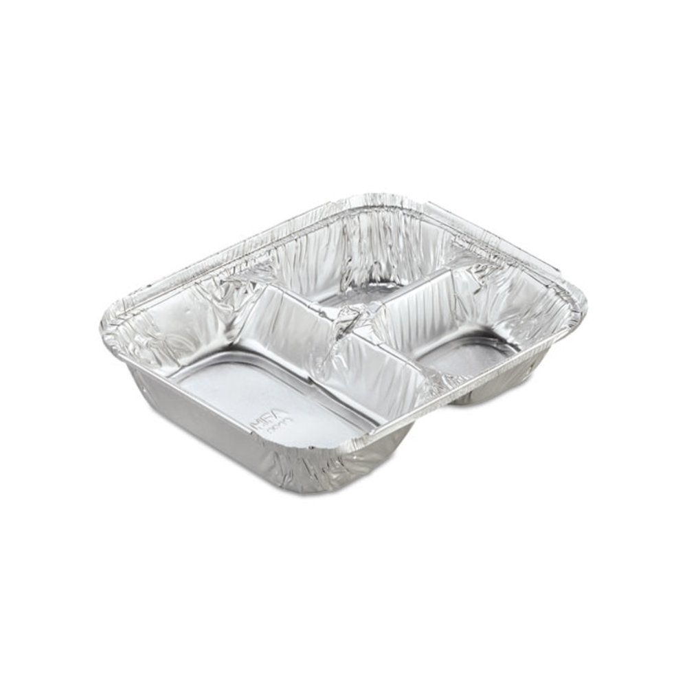 Aluminum Oblong Container with Lid, 3 Compartments, 24 oz, 8.5 x 6.38 x 1.47, Silver, 250/Carton. Picture 4