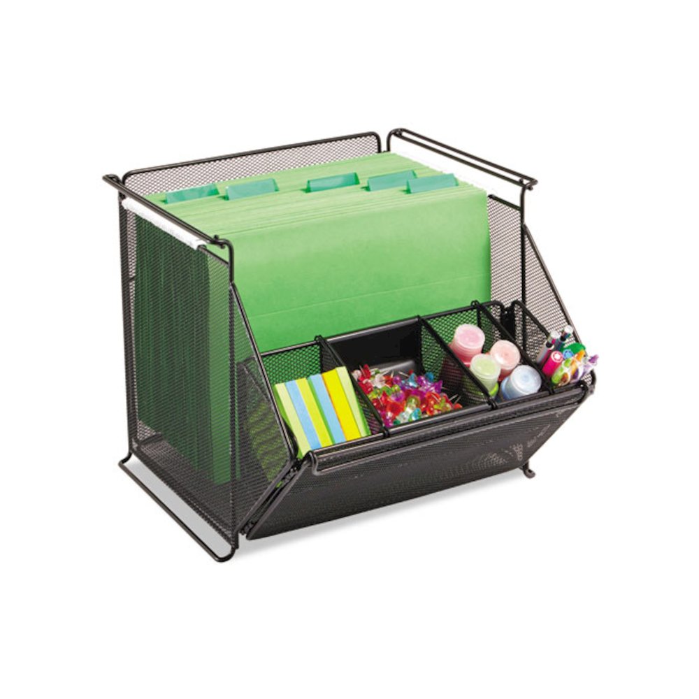 Onyx Stackable Mesh Storage Bin, 4 Compartments, Steel Mesh, 14 x 15.5 x 11.75, Black. Picture 2