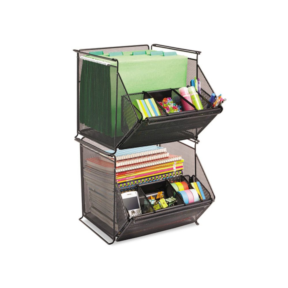 Onyx Stackable Mesh Storage Bin, 4 Compartments, Steel Mesh, 14 x 15.5 x 11.75, Black. Picture 1