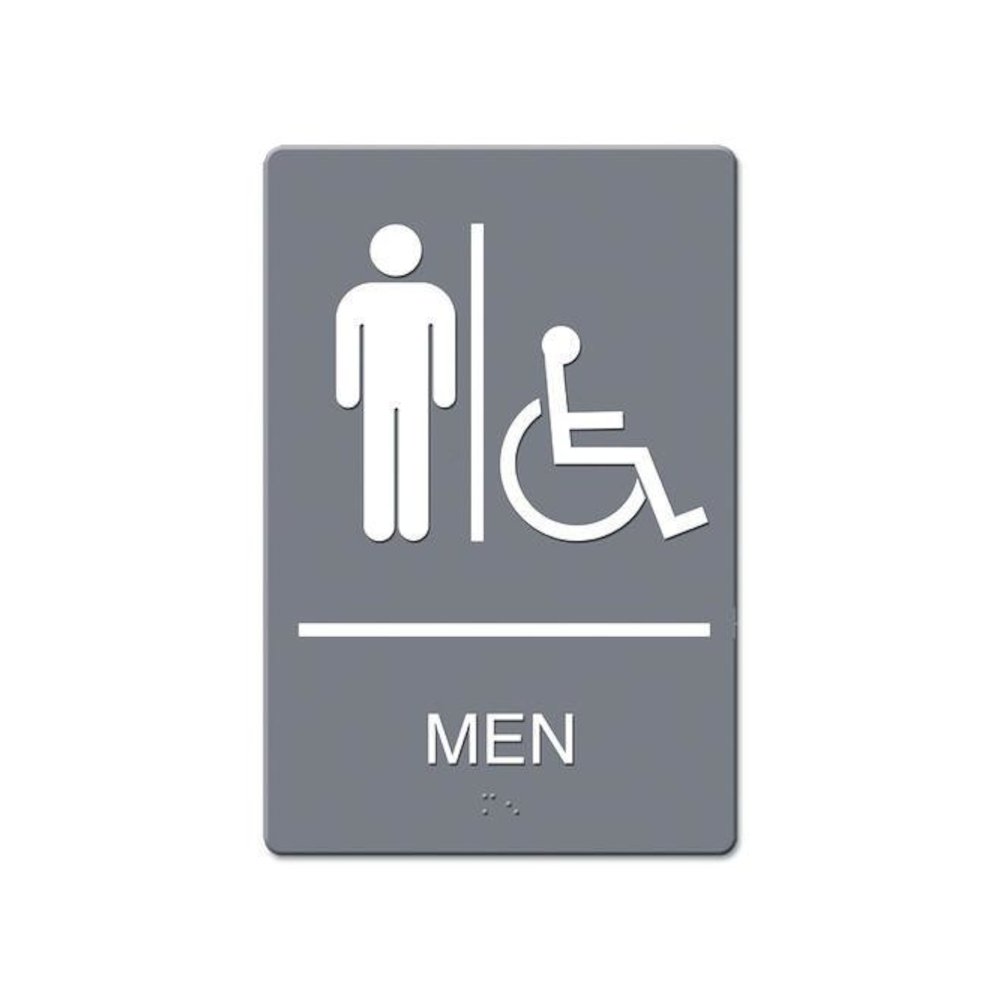 ADA Sign, Men Restroom Wheelchair Accessible Symbol, Molded Plastic, 6 x 9, Gray. Picture 1