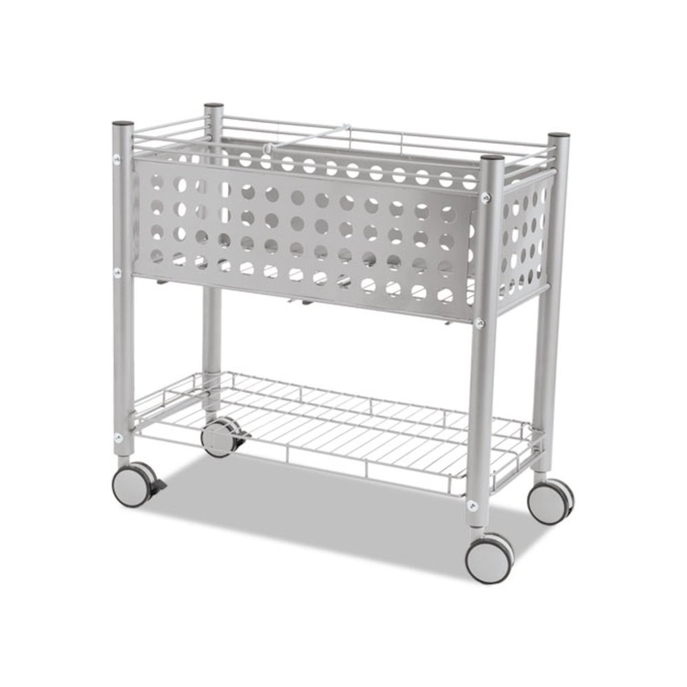 File Cart with Open Top, Metal, 1 Shelf, 2 Bins, 28.25" x 13.75" x 27.38", Matte Gray. Picture 1