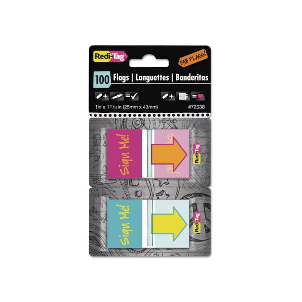 Pop-Up Fab Page Flags w/Dispenser, "Sign Me!", Red/Orange, Teal/Yellow, 100/Pack. Picture 1