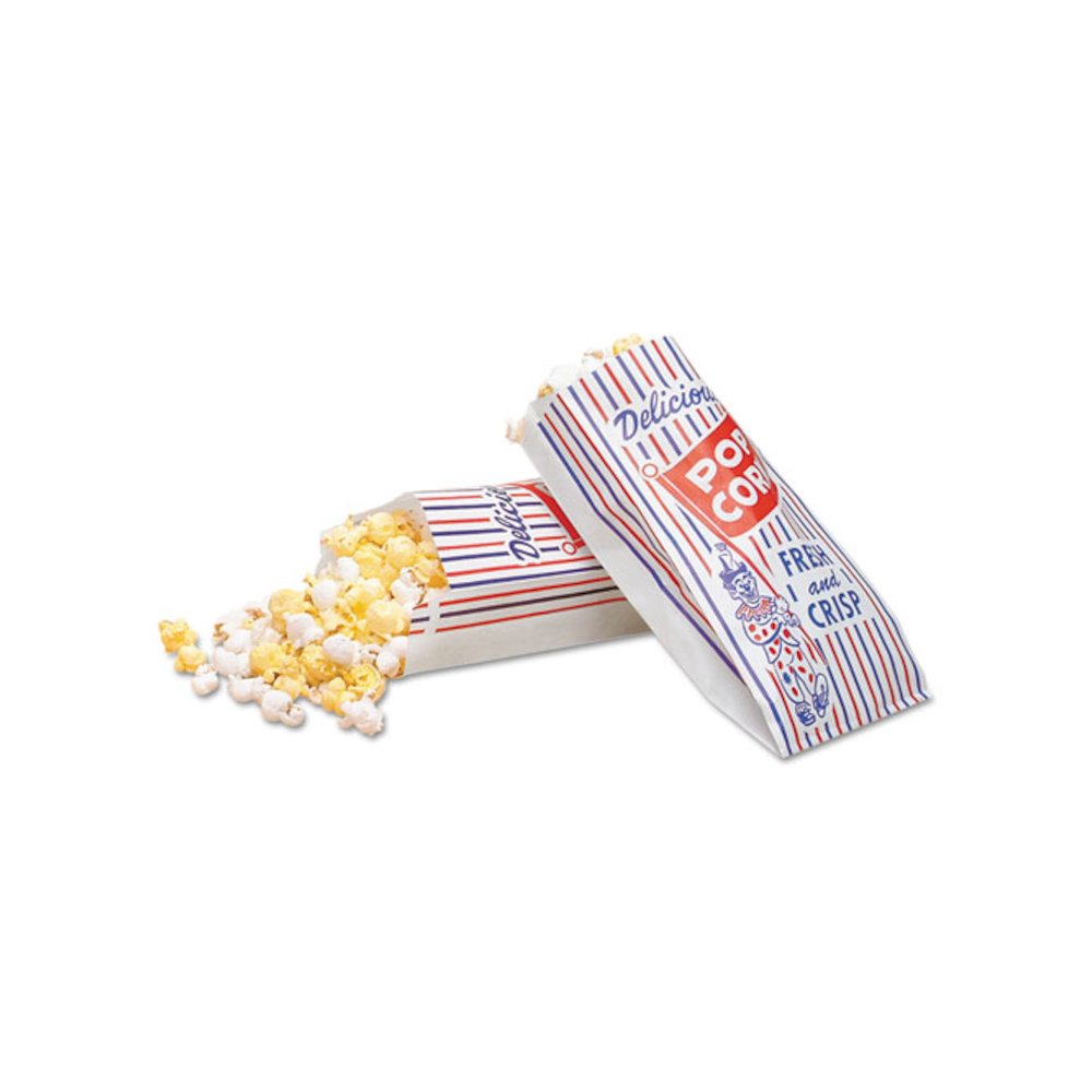 Pinch-Bottom Paper Popcorn Bag, Delicious Popcorn: Circus Clown Icon Labeling, 4" x 1.5" x 8", Red/White/Blue, 1,000/Carton. Picture 1