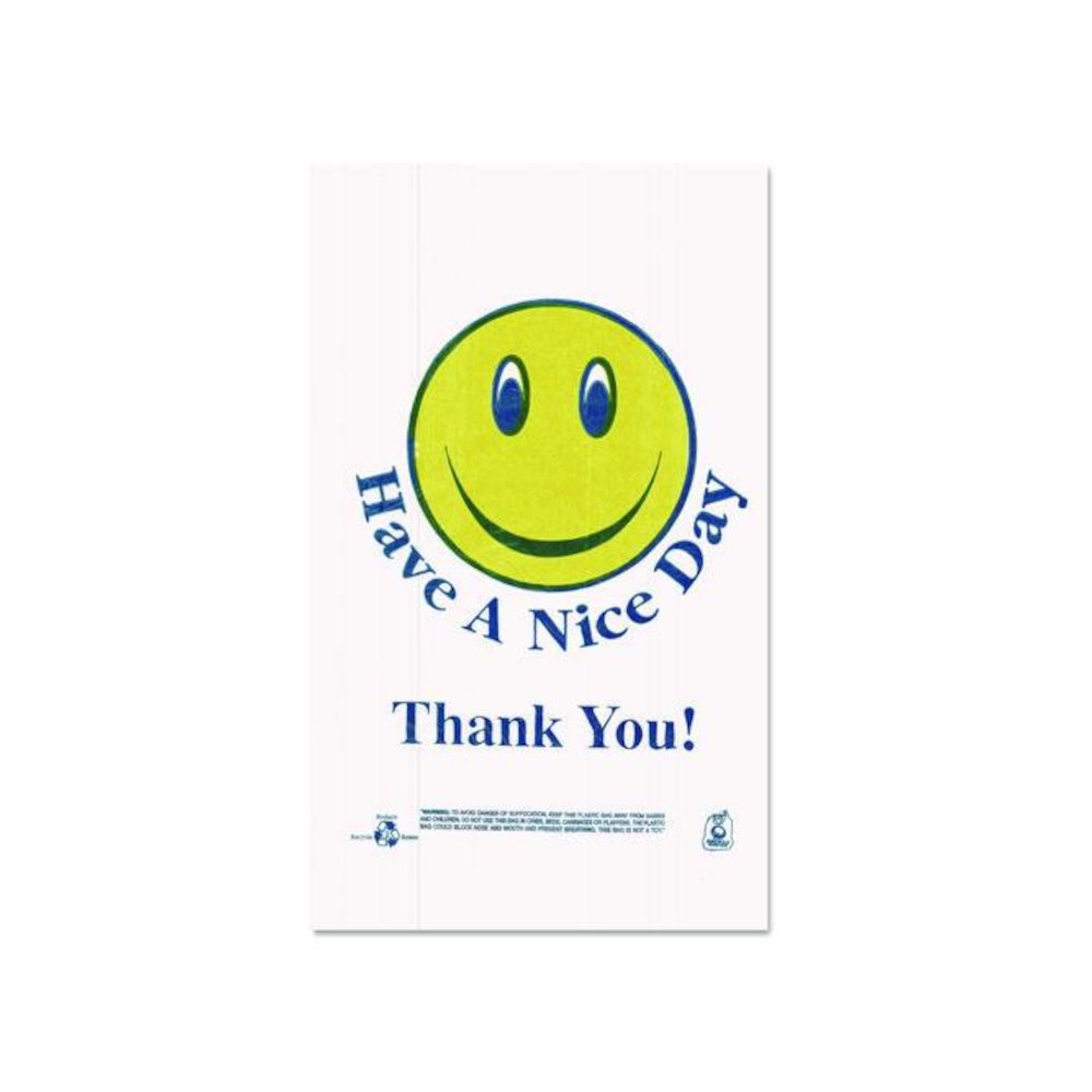 Smiley Face Shopping Bags, Thank You - Have a Nice Day Labeling, Cut-Out Handles, 11.5" x 6.5" x 21", White/Red, 900/Carton. Picture 1