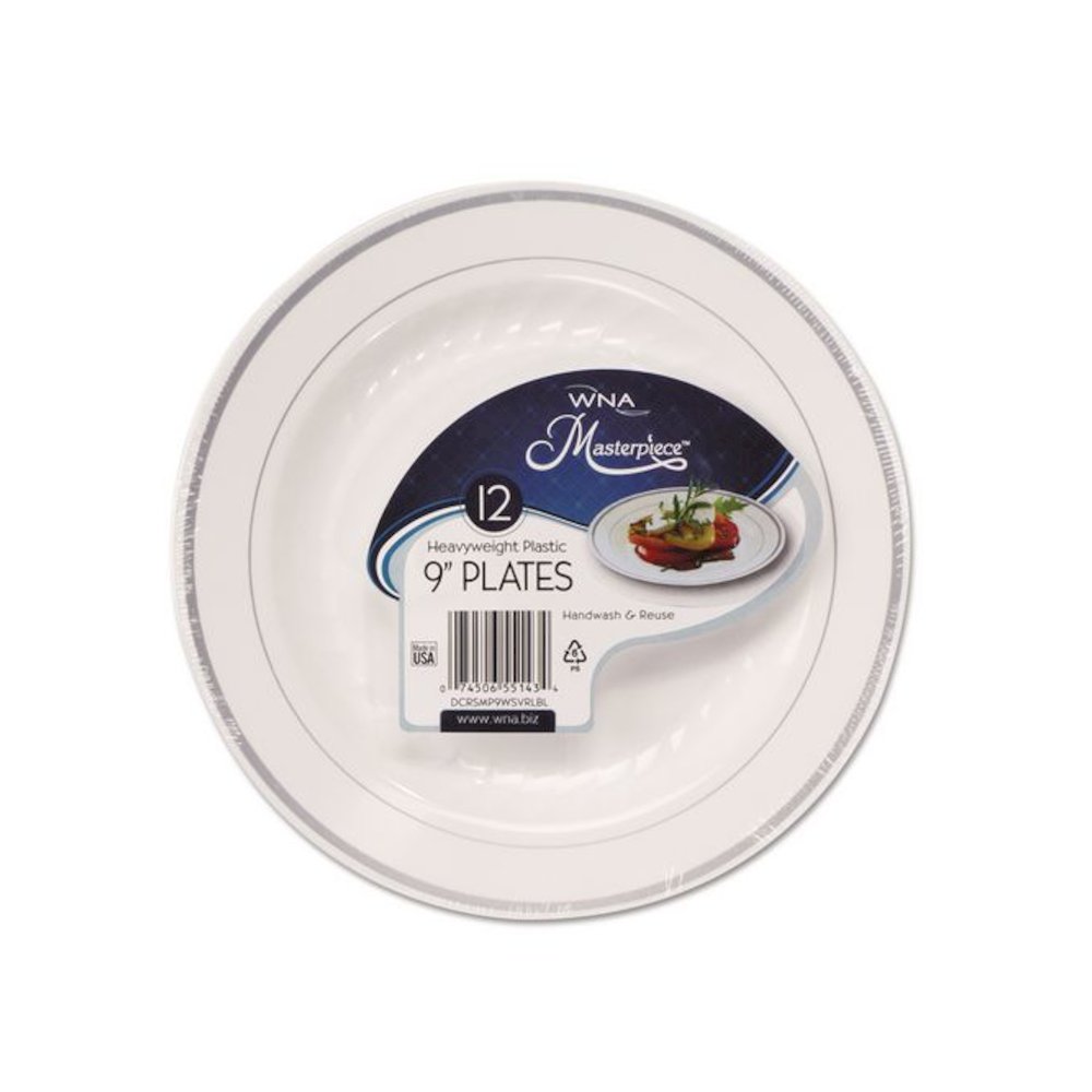 Masterpiece Plastic Dinnerware, 9" dia, White/Silver, 10/Pack. Picture 1