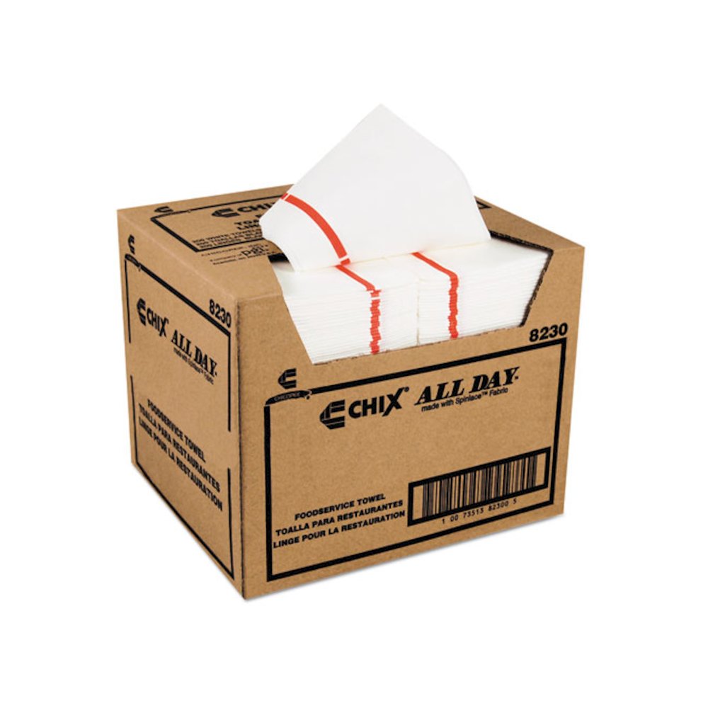 Chicopee All Day Foodservice Towels, 1-Ply, 12.25 x 21, White/Red Stripe, 200/Carton. Picture 1