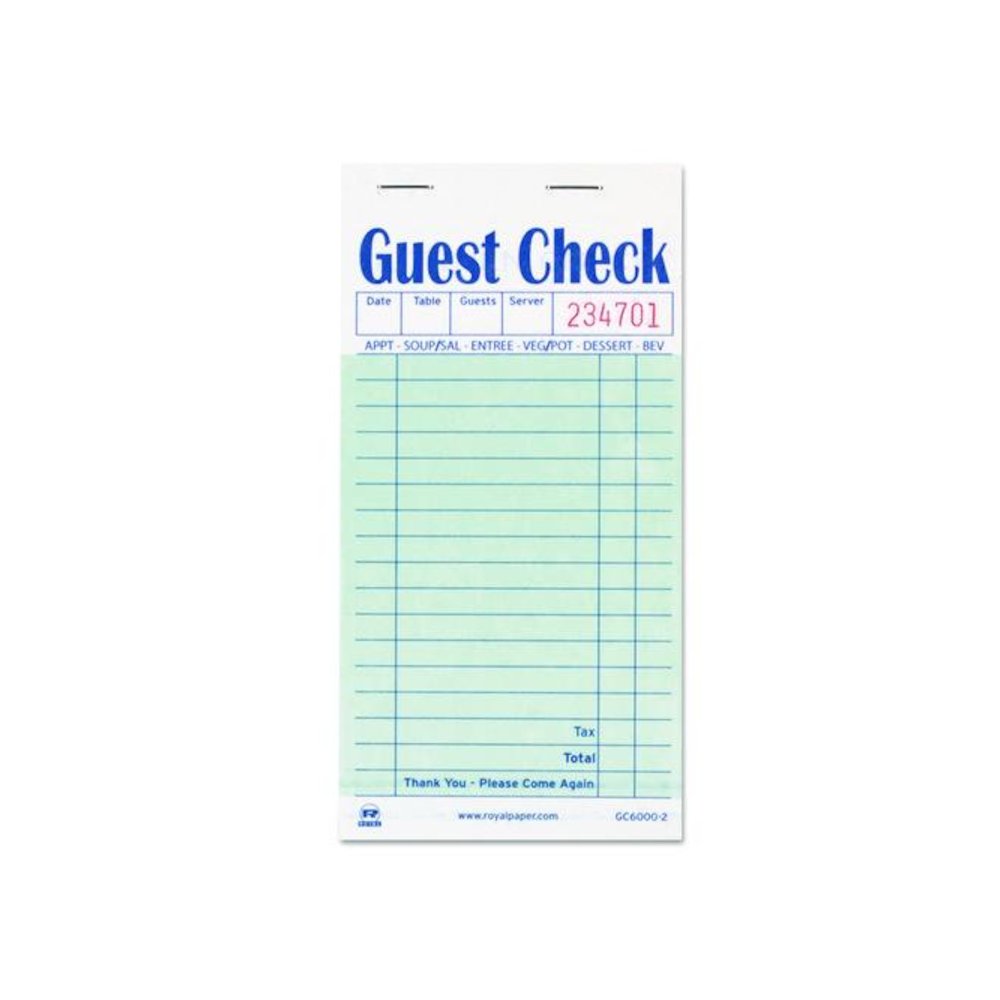 Guest Check Pad, 17 Lines, Two-Part Carbon, 3.5 x 6.7, 50 Forms/Pad, 50 Pads/Carton. Picture 1