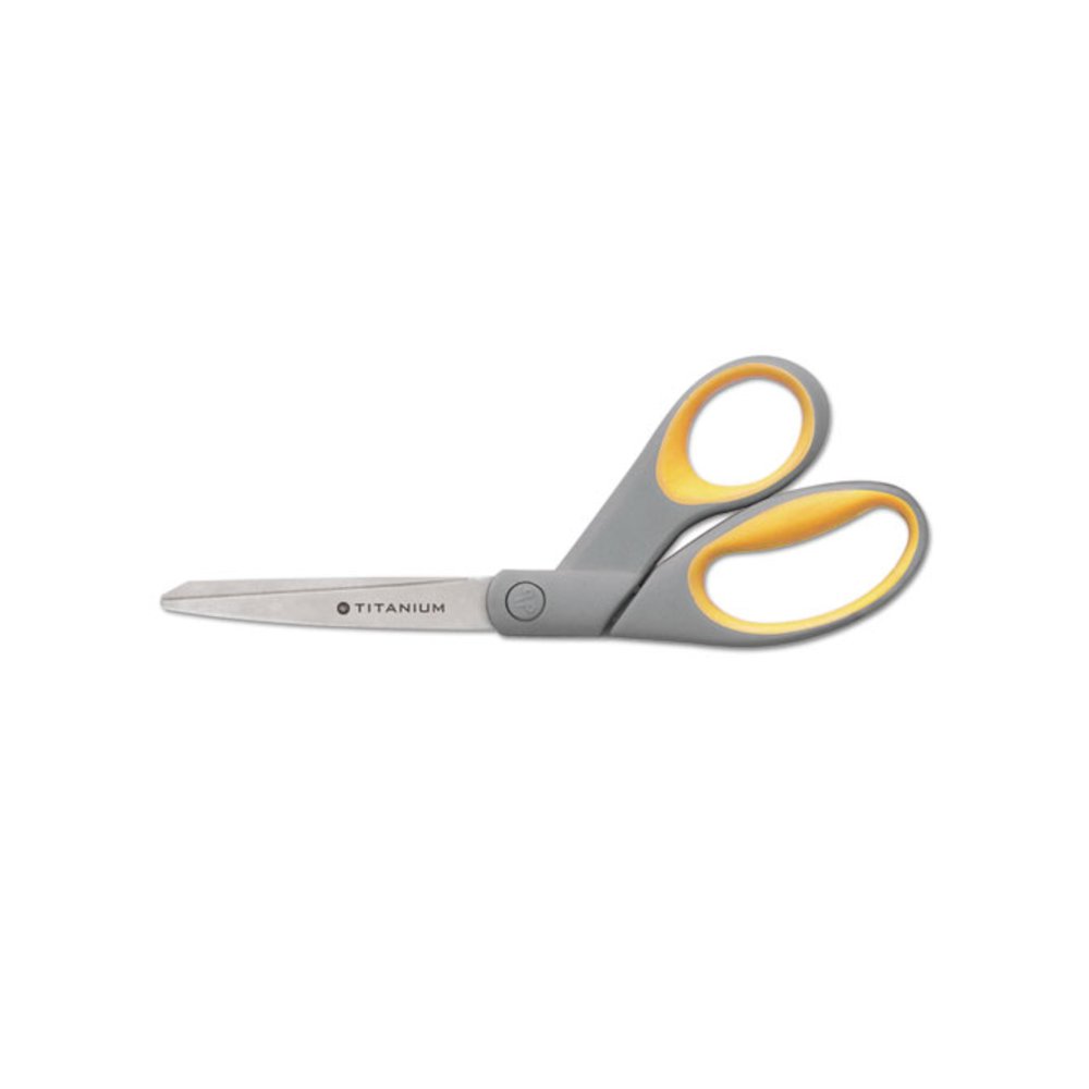 5110016296579 SKILCRAFT Westcott Titanium Bonded Scissors, Non-Stick, 8" Long, 3.2" Cut, Crane-Style Gray/Yellow Handle. Picture 1